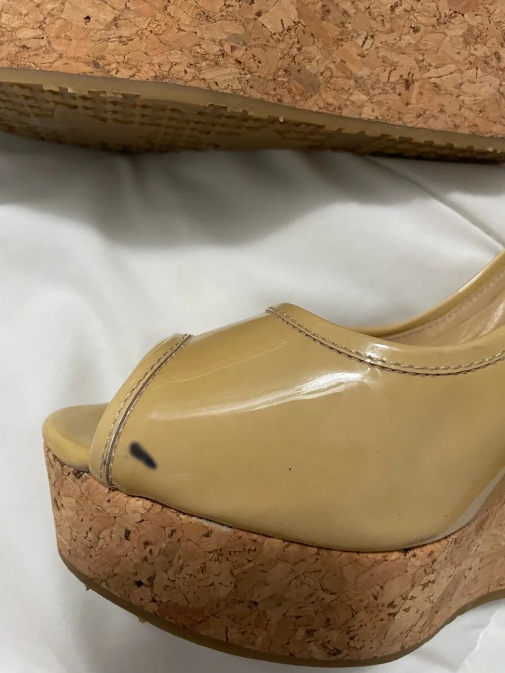 Jimmy Choo peep toe Beige Patent Cork Wedge Heels